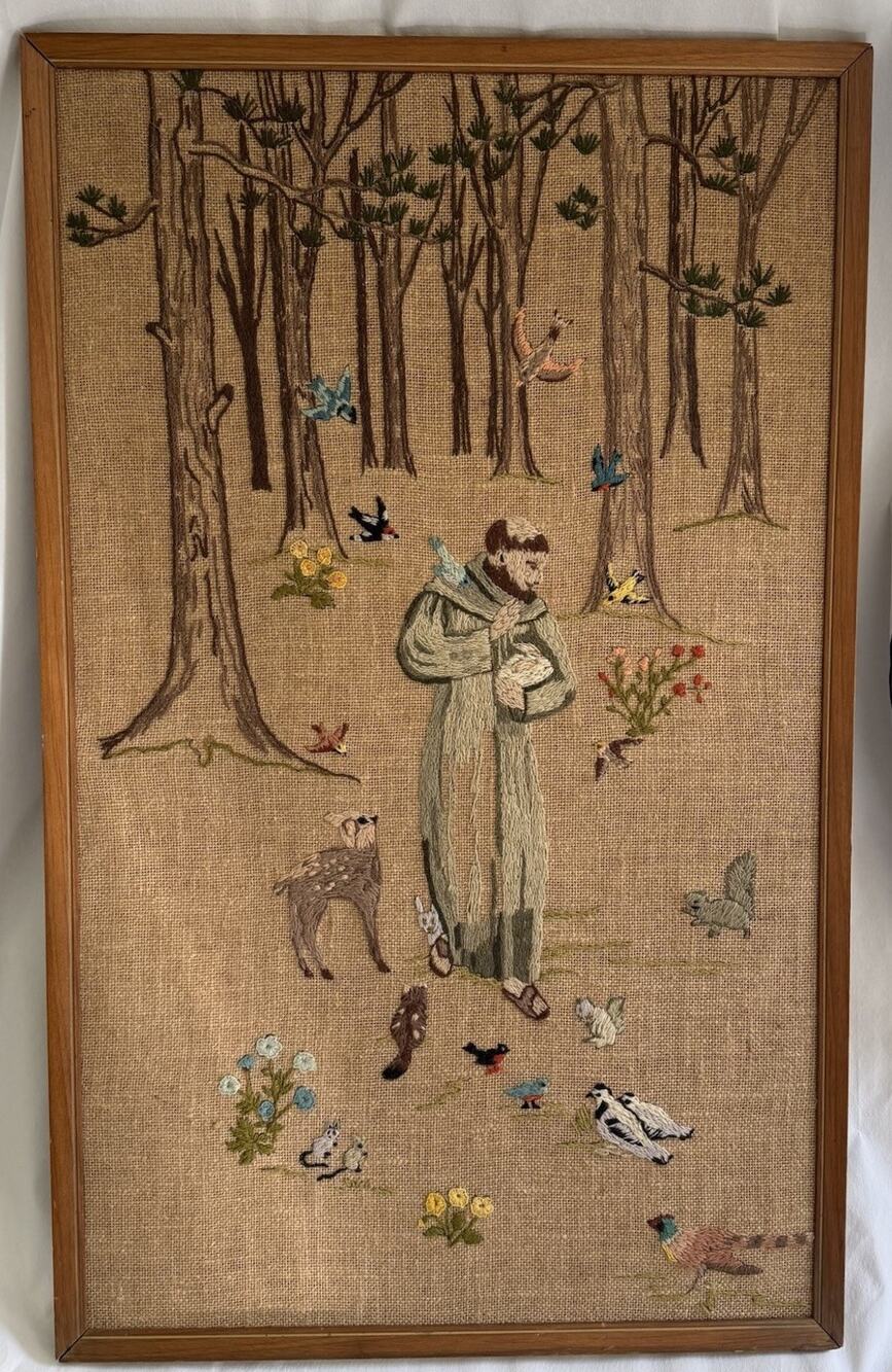 Vtg Framed Crewel Embroidery On Burlap of Saint Francis of Assisi with Animals